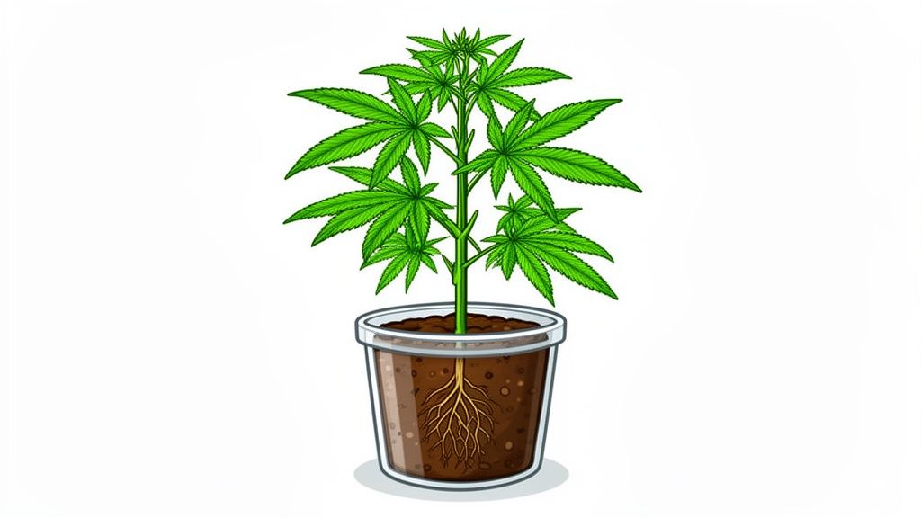 A vibrant green cannabis plant in a clear pot, displaying roots and leaves in its vegetative stage.
