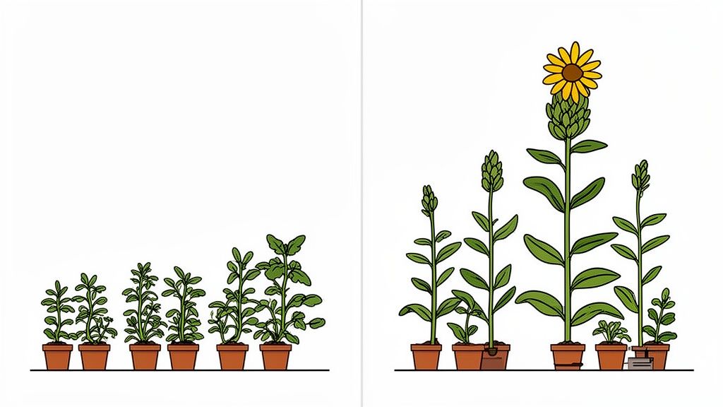 Illustration showing rows of potted plants, from small leafy greens to tall flowering plants with buds and a large yellow bloom.