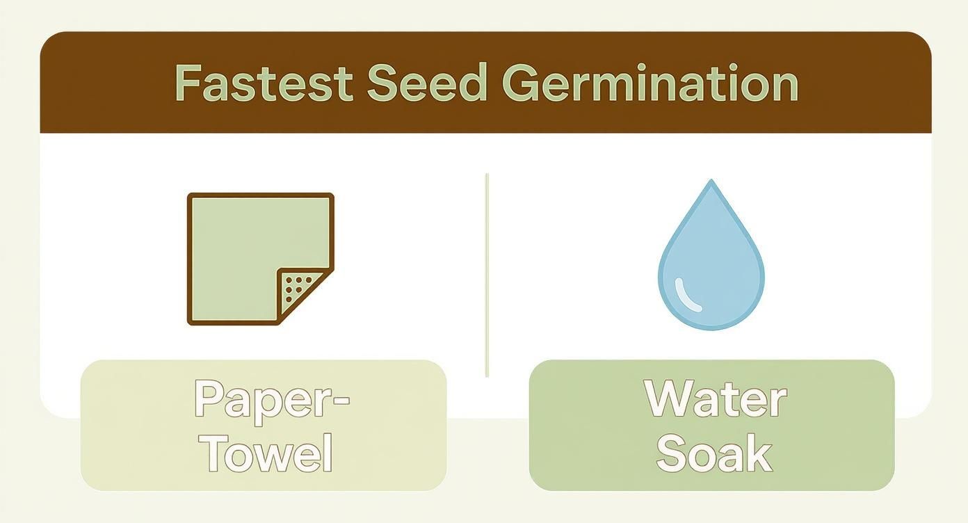 An infographic comparing paper towel and water soak methods for fastest seed germination.