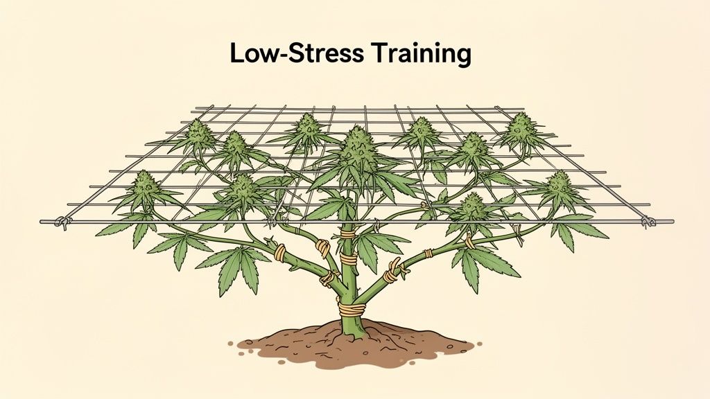 An illustration of a cannabis plant undergoing Low-Stress Training (LST) with a SCROG net.