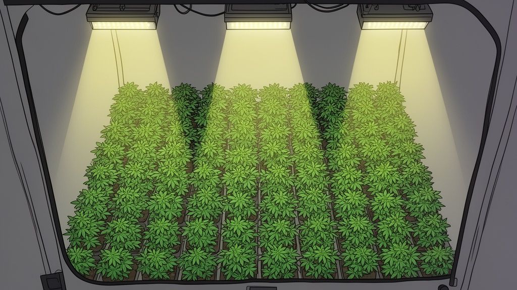 An indoor cannabis grow operation with many small plants arranged in rows under three bright grow lights.
