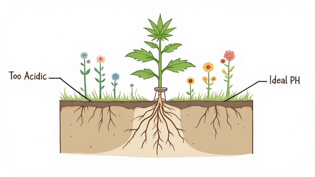 Illustration of plant roots in soil, comparing healthy growth in ideal pH conditions with stunted roots in overly acidic soil.