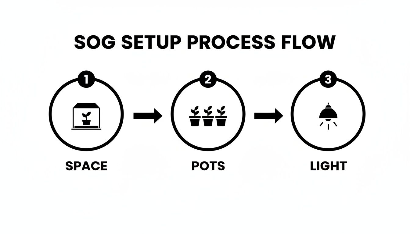 A flow chart outlining the SOG setup process with steps for space, pots, and light.