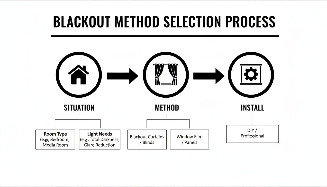 A flowchart outlining the blackout method selection process, including situation, method, and installation.