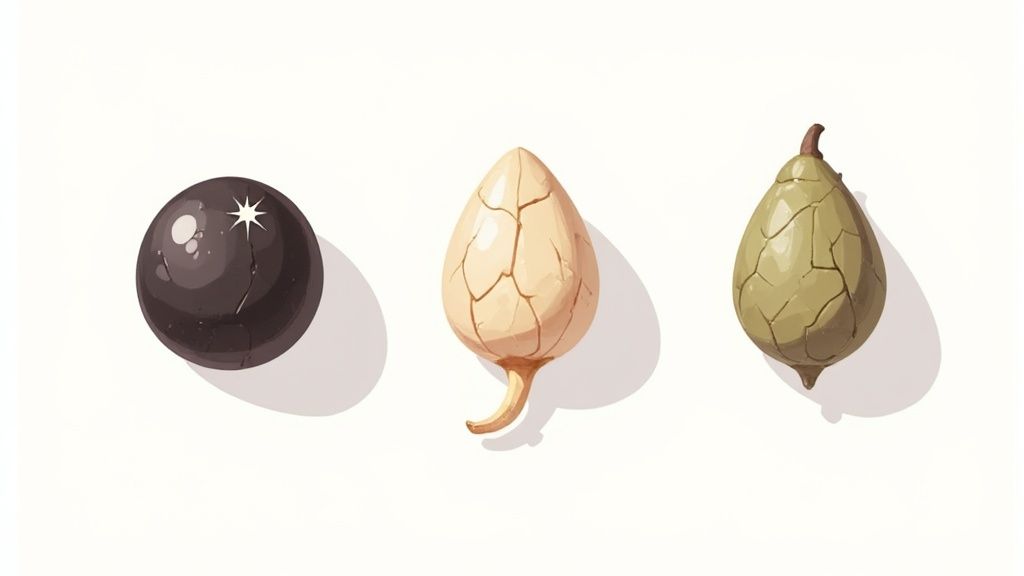 Three stylized, cracked seed-like objects: a dark sphere, a beige teardrop, and a green teardrop.