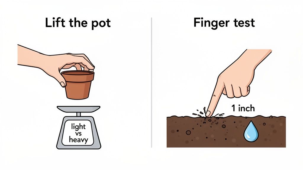 Diagram illustrating two methods to check soil moisture: lifting the pot and performing a finger test.