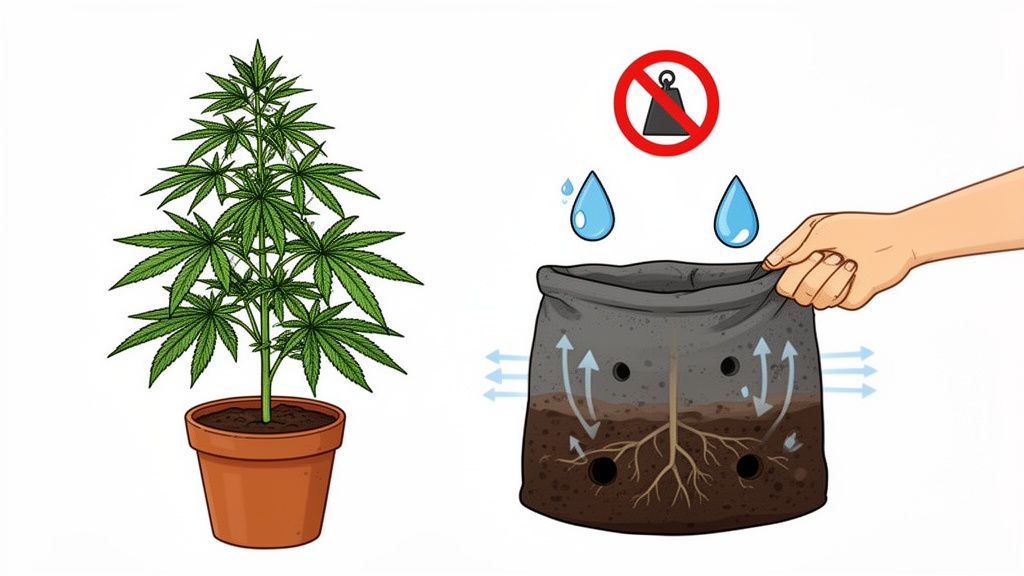 Illustration comparing a potted cannabis plant with a fabric grow bag for aeration and drainage.