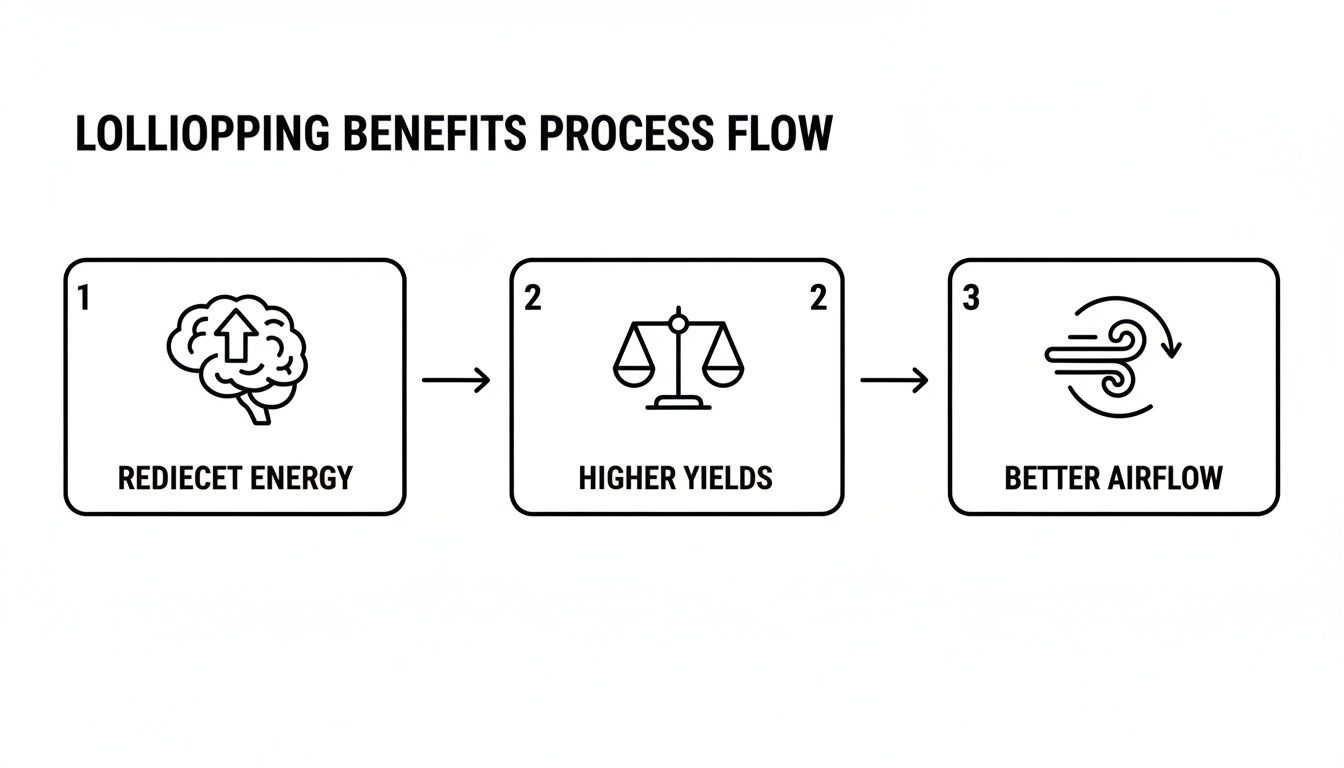 A three-step process flow illustrating the benefits of lollipopping: redirect energy, higher yields, and better airflow.
