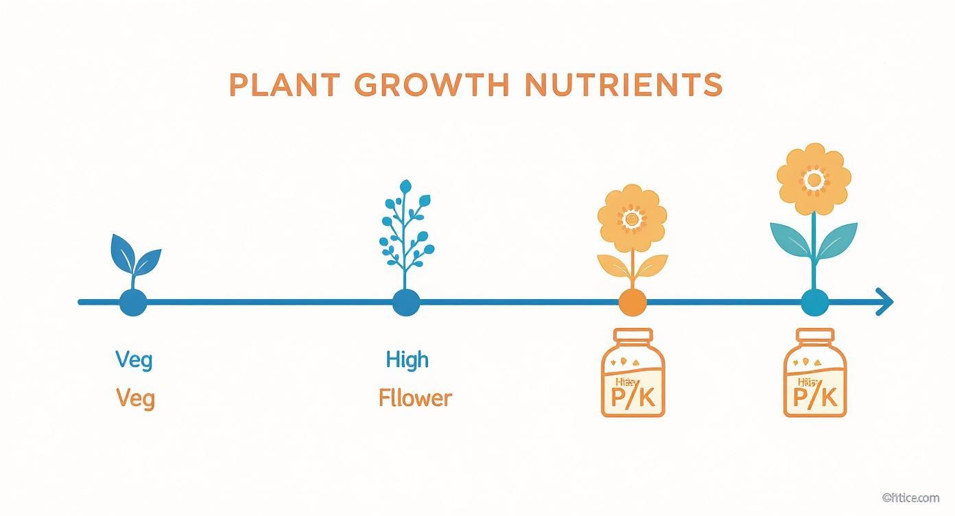 Timeline illustrating plant growth stages with specific nutrient recommendations for each phase.