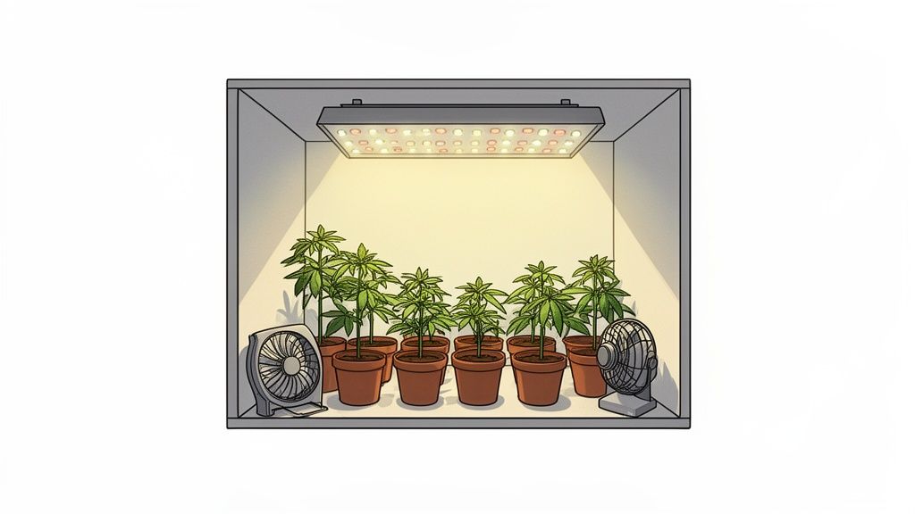 Multiple cannabis plants in pots growing indoors under an LED grow light with two fans.