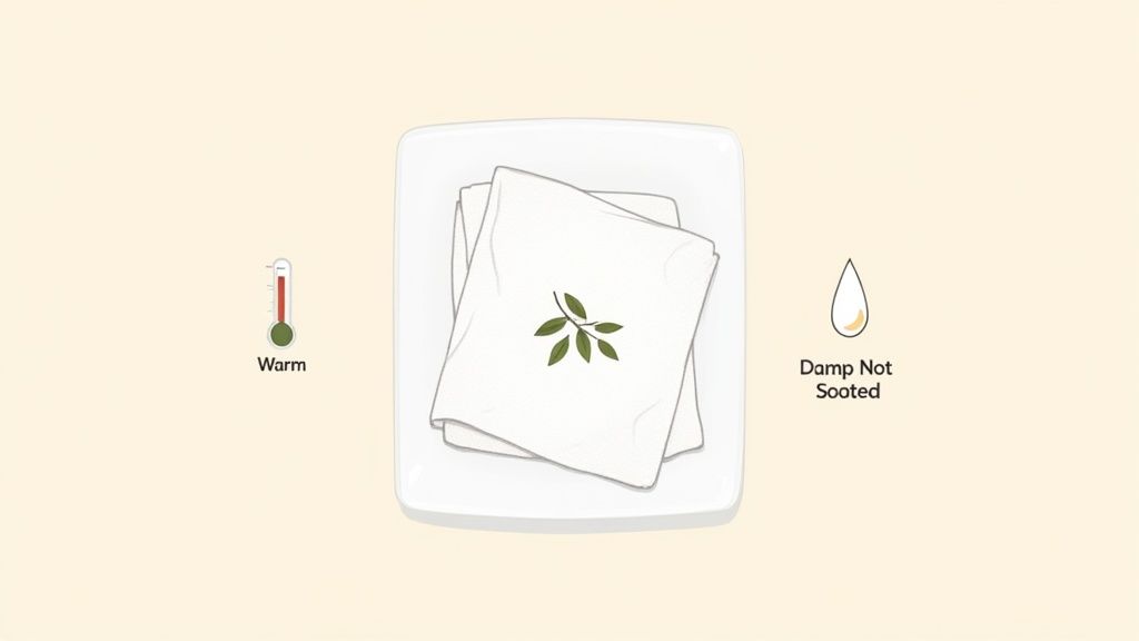 Illustrates ideal conditions for seed germination: warm temperature, damp cloth, and a sprig of leaves.