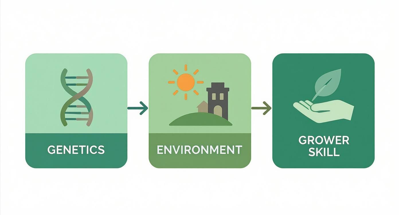 Infographic illustrating genetics, environment, and grower skill as key factors in plant growth.