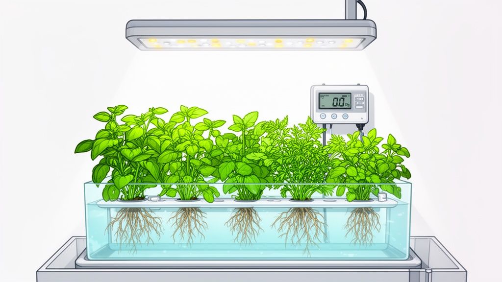 A detailed illustration of a hydroponic system growing various green plants under a LED light.