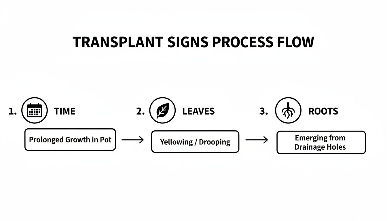 Flow chart illustrating three signs indicating when to transplant a plant: time, leaves, and roots.