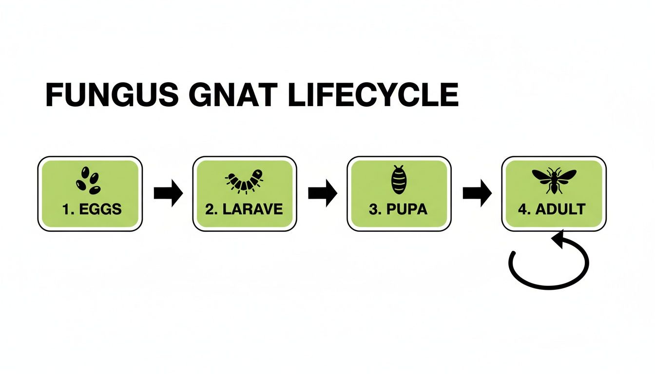 A diagram illustrates the complete fungus gnat lifecycle, showing eggs, larvae, pupa, and adult stages.