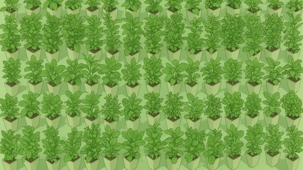 A lush, expansive view of numerous green plants in white pots, forming a dense grid pattern.
