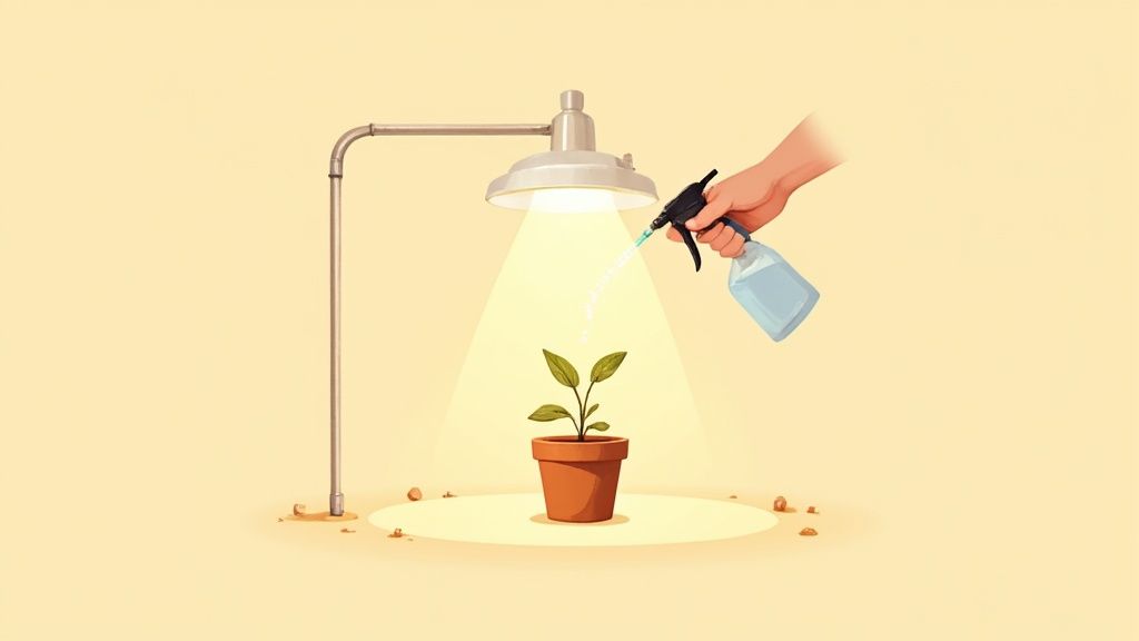 A hand waters a small green plant in a terracotta pot under a bright grow light.