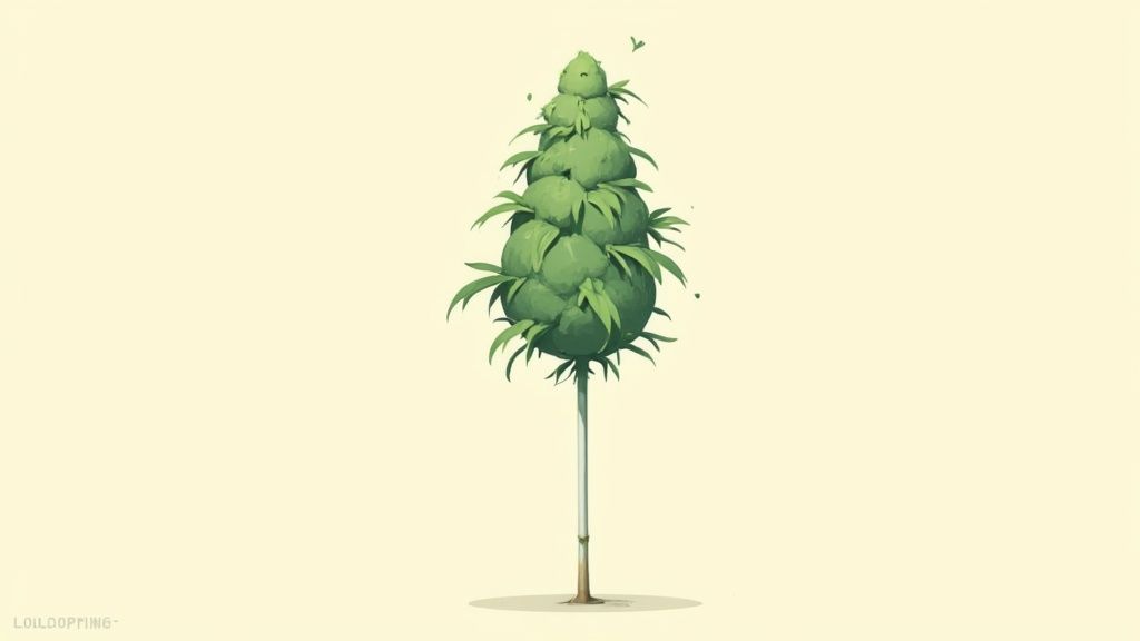 A stylized green cannabis plant or topiary with stacked bud-like forms on a light yellow background.