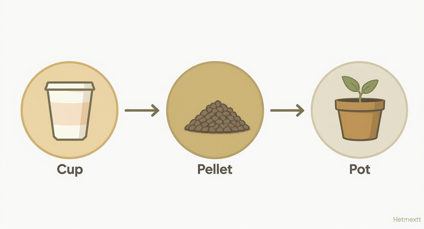 A three-step diagram showing planting: a cup, then a pile of pellets, then a potted sprout.