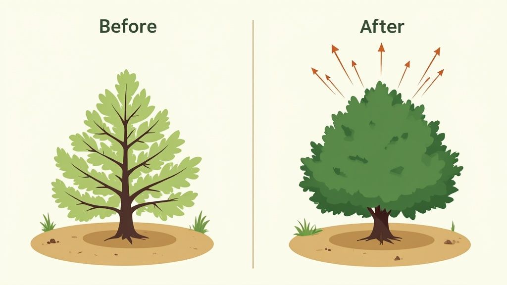 Comparison image of a tree, showing before and after developing a dense, flourishing green canopy with upward arrows.
