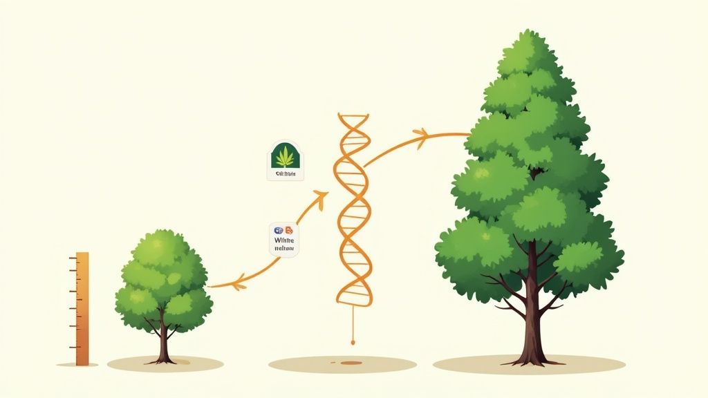 Illustration showing a small plant growing into a large tree influenced by cannabis genetics via DNA.