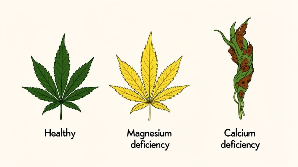 Illustration showing a healthy cannabis leaf, a magnesium deficient yellow leaf, and a calcium deficient twisted leaf.