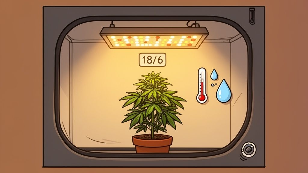 A vibrant cannabis plant thrives in a grow tent with LED light, thermometer, and humidity, showing an 18/6 light cycle.