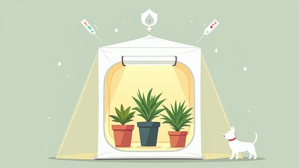 A small white dog watches a brightly lit grow tent with three potted plants and environmental monitors.