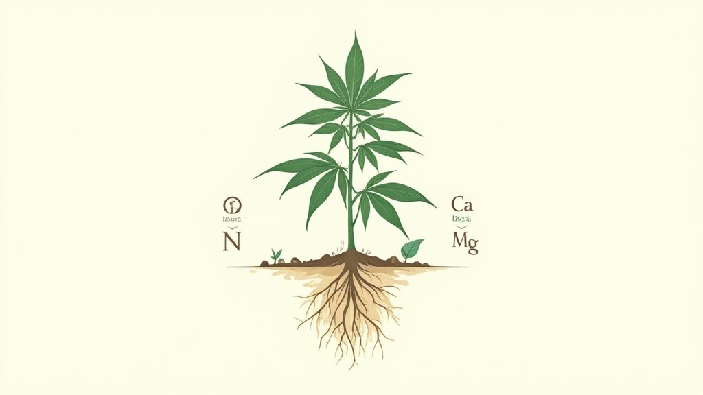 Illustration of a cannabis plant with roots, soil, and nutrient symbols N, Ca, Mg.