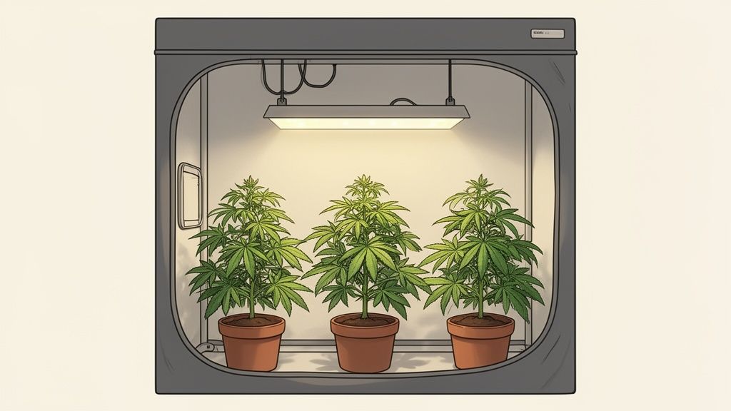 Three thriving cannabis plants grow in brown pots under a bright LED light within an indoor grow tent.