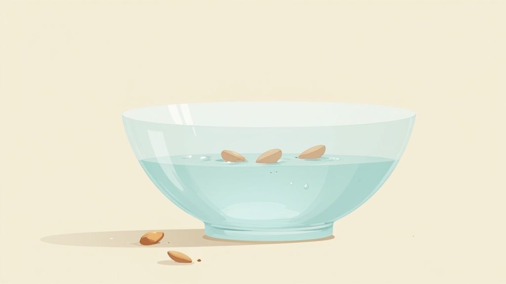 A clear glass bowl filled with water, with three seeds floating inside and two on the table.