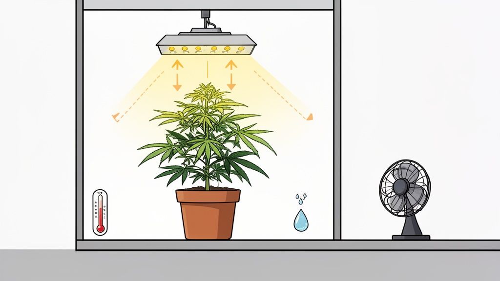 An indoor cannabis plant in a pot under a grow light, with a thermometer, fan, and water droplets.