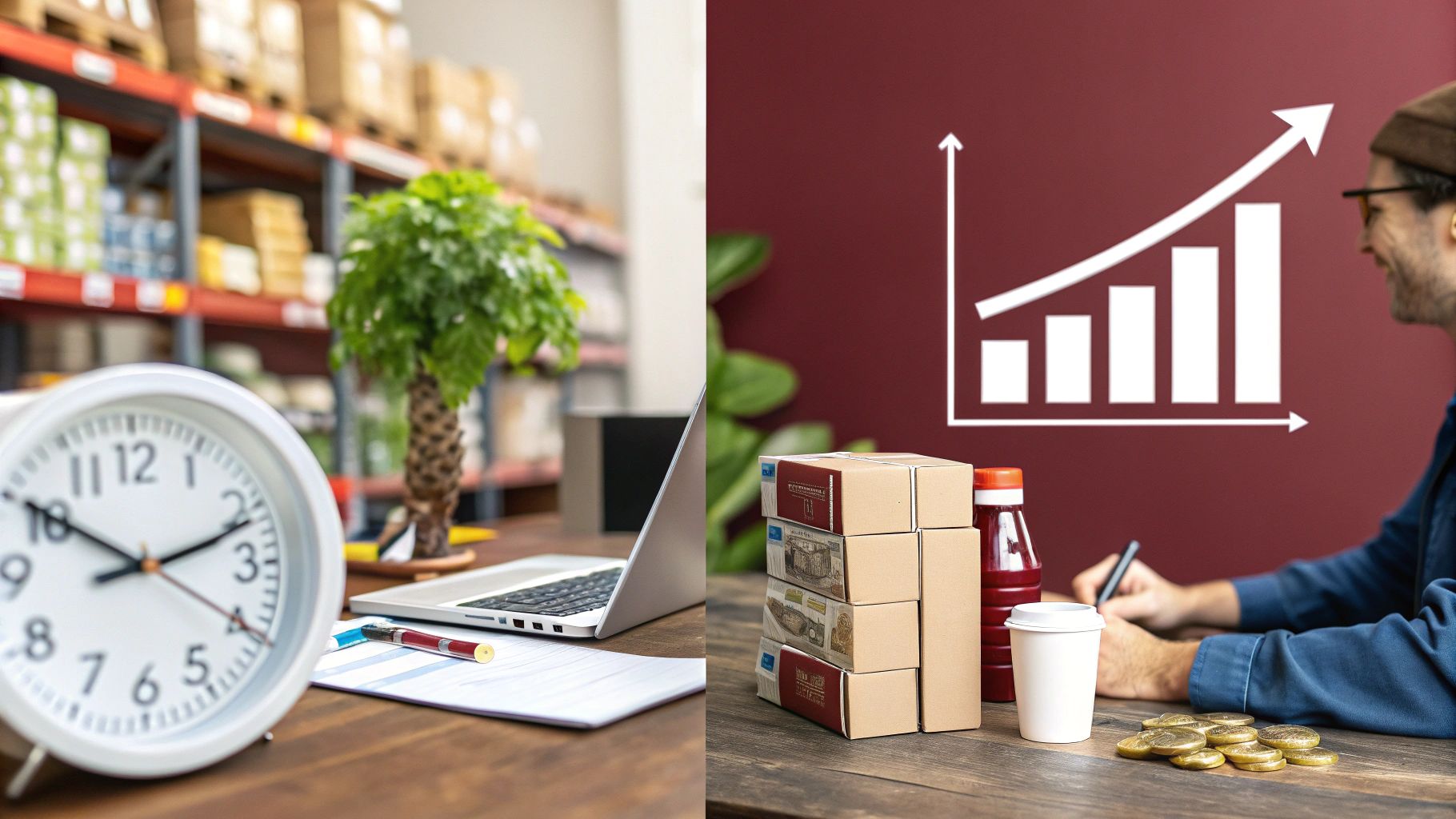 תמונת קולאז' של עבודה, מסחר אלקטרוני וצמיחה עסקית: מחסן, שולחן משרדי עם מחשב, ואיש עם מוצרים וגרף רווח עולה.