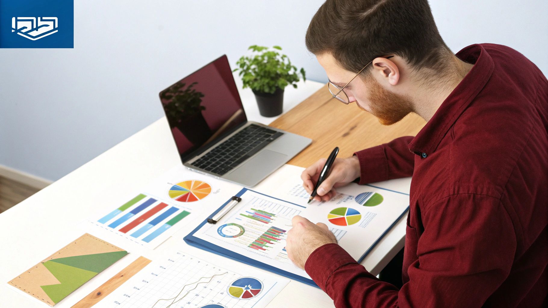 גבר עובד במשרד, כותב על מסמכים עם גרפים ונתונים. על השולחן לפטופ וצמחים.