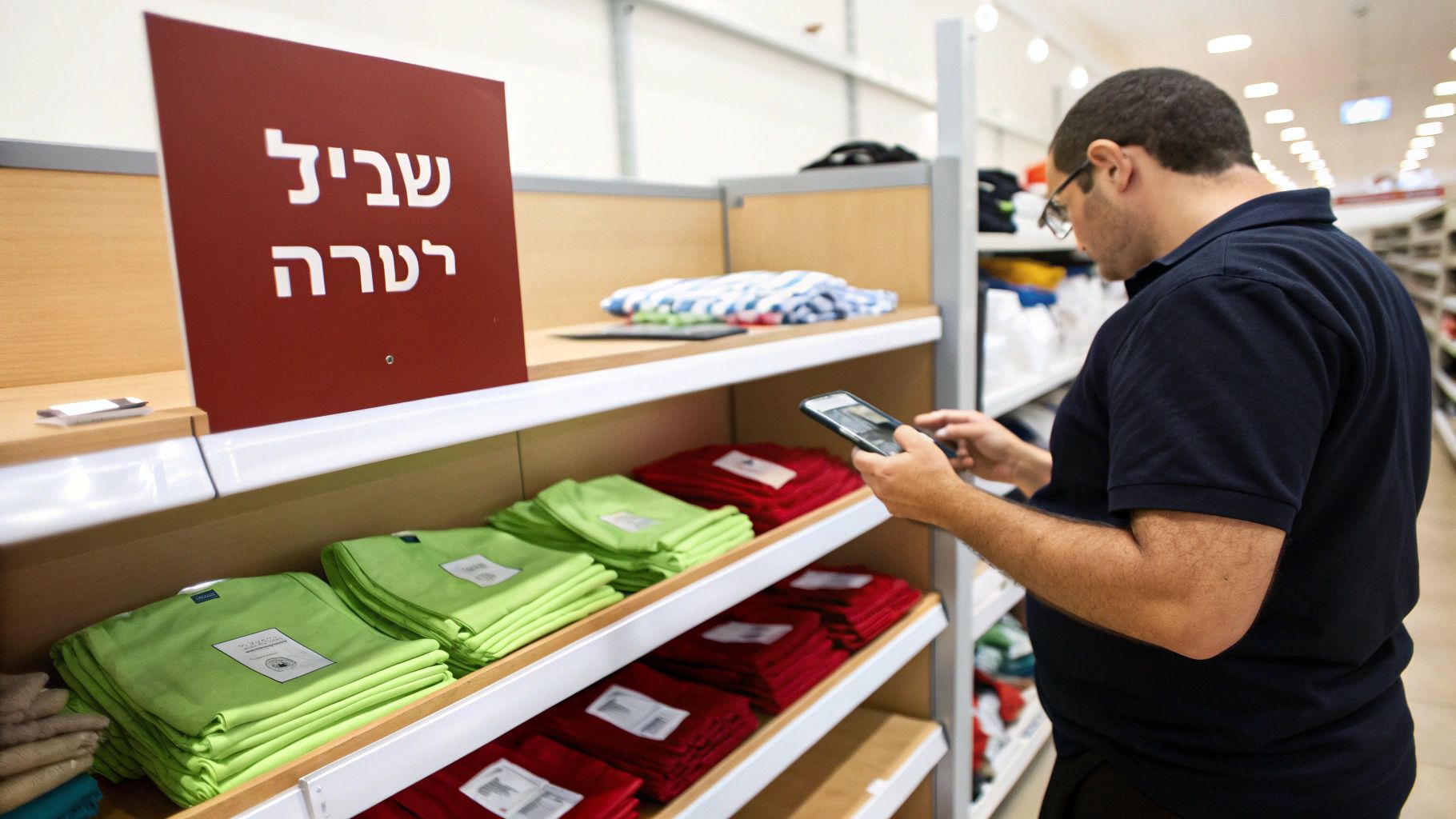 גבר עומד בחנות בגדים, משתמש בסמארטפון ליד מדפים עמוסים בבגדים מקופלים בצבעים ירוק ואדום.