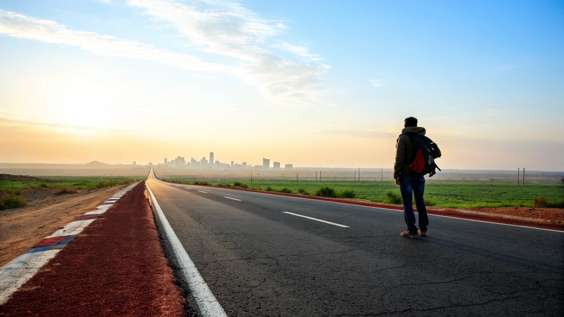 אדם עם תיק גב עומד על כביש ארוך, מביט לעבר עיר מרוחקת באופק, מסמל השקעה עתידית לטווח ארוך.