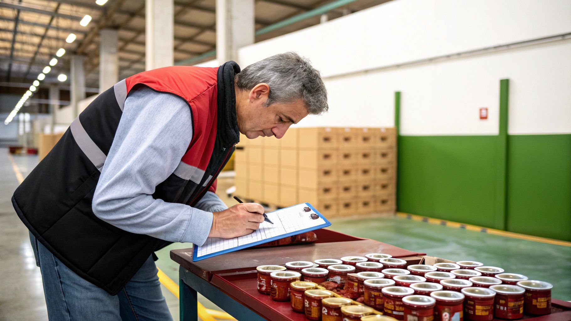 איש במחסן בודק סחורה ורושם ביומן. הוא לובש אפוד זוהר אדום ושחור ומבצע בקרת איכות על קופסאות שימורים.