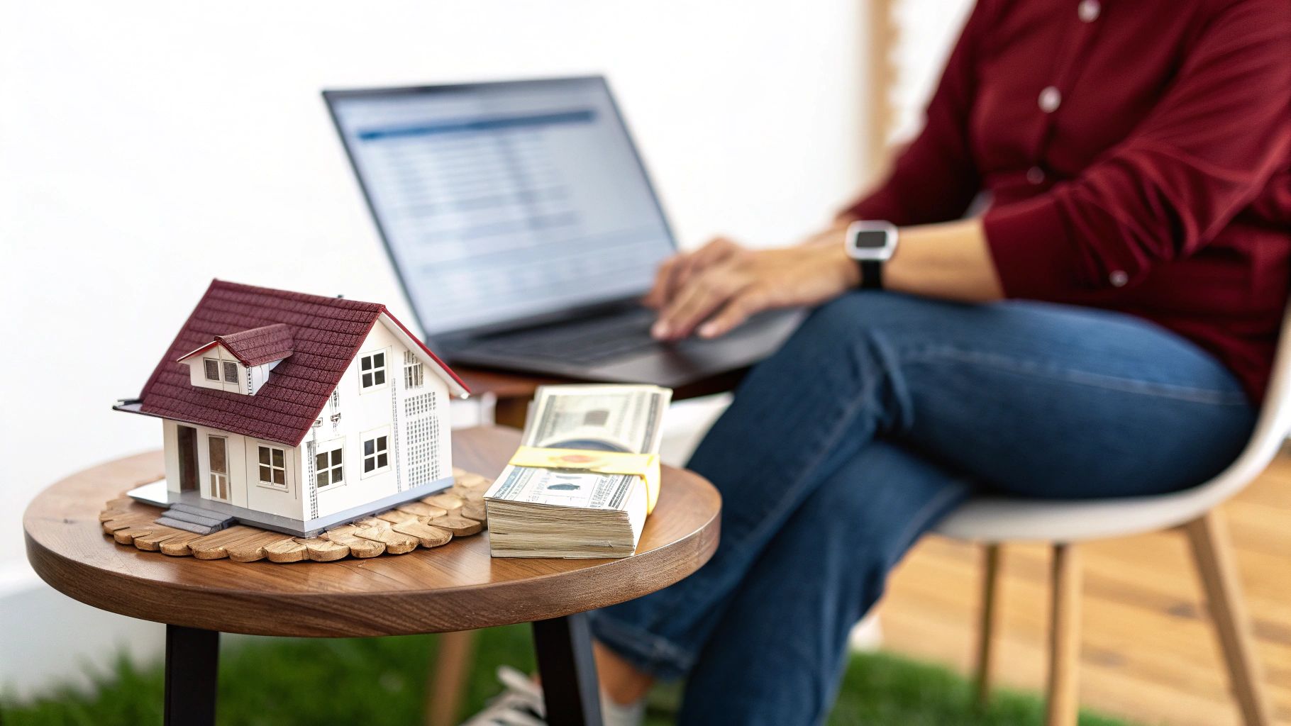 אדם עובד על מחשב נייד, לידו דגם בית וערימות כסף, המרמזים על נדל"ן והשקעות.