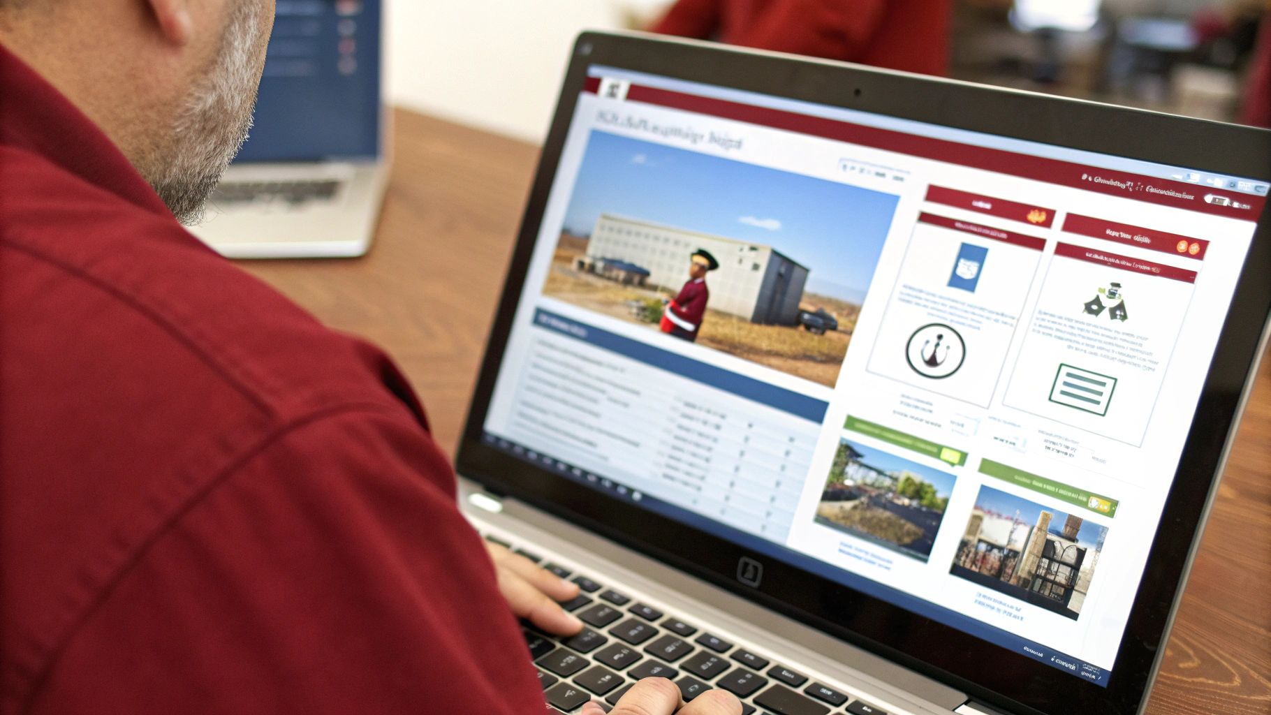 אדם יושב וגולש במחשב נייד, צג המחשב מציג אתר אינטרנט עם תמונות וטקסט.