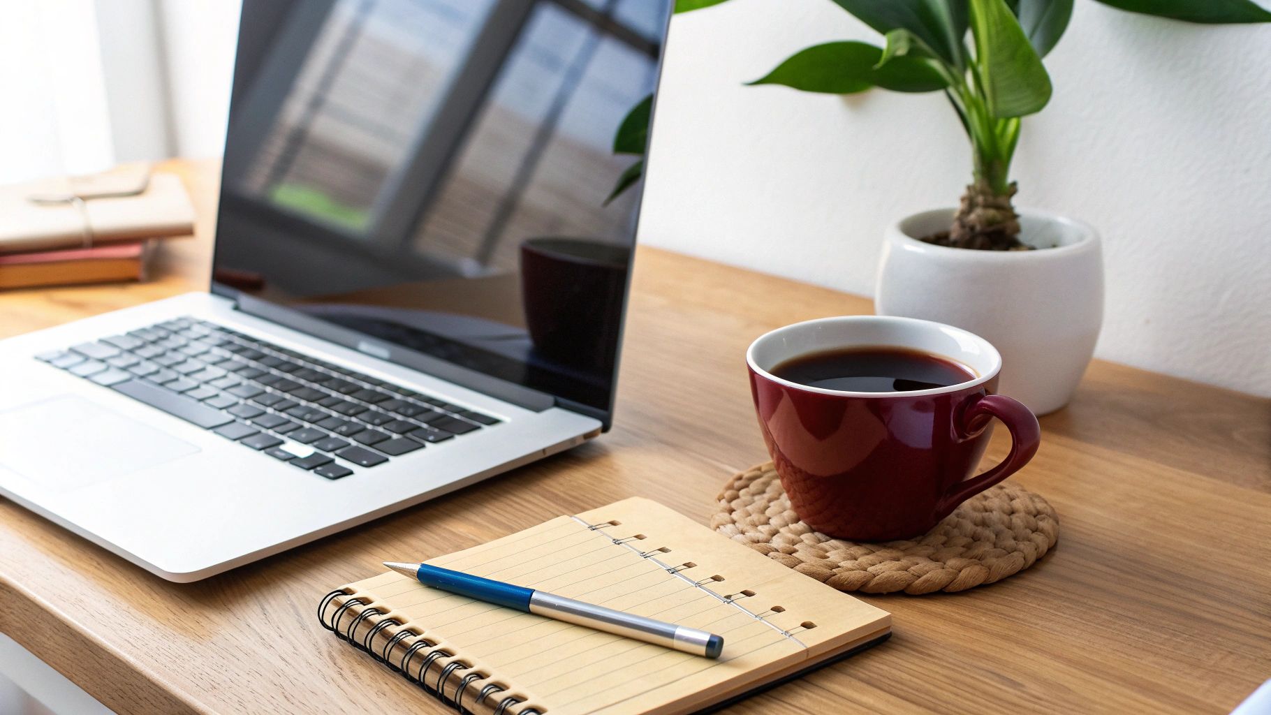 פינת עבודה ביתית מוארת עם מחשב נייד, ספל קפה, מחברת ועט על שולחן עץ.