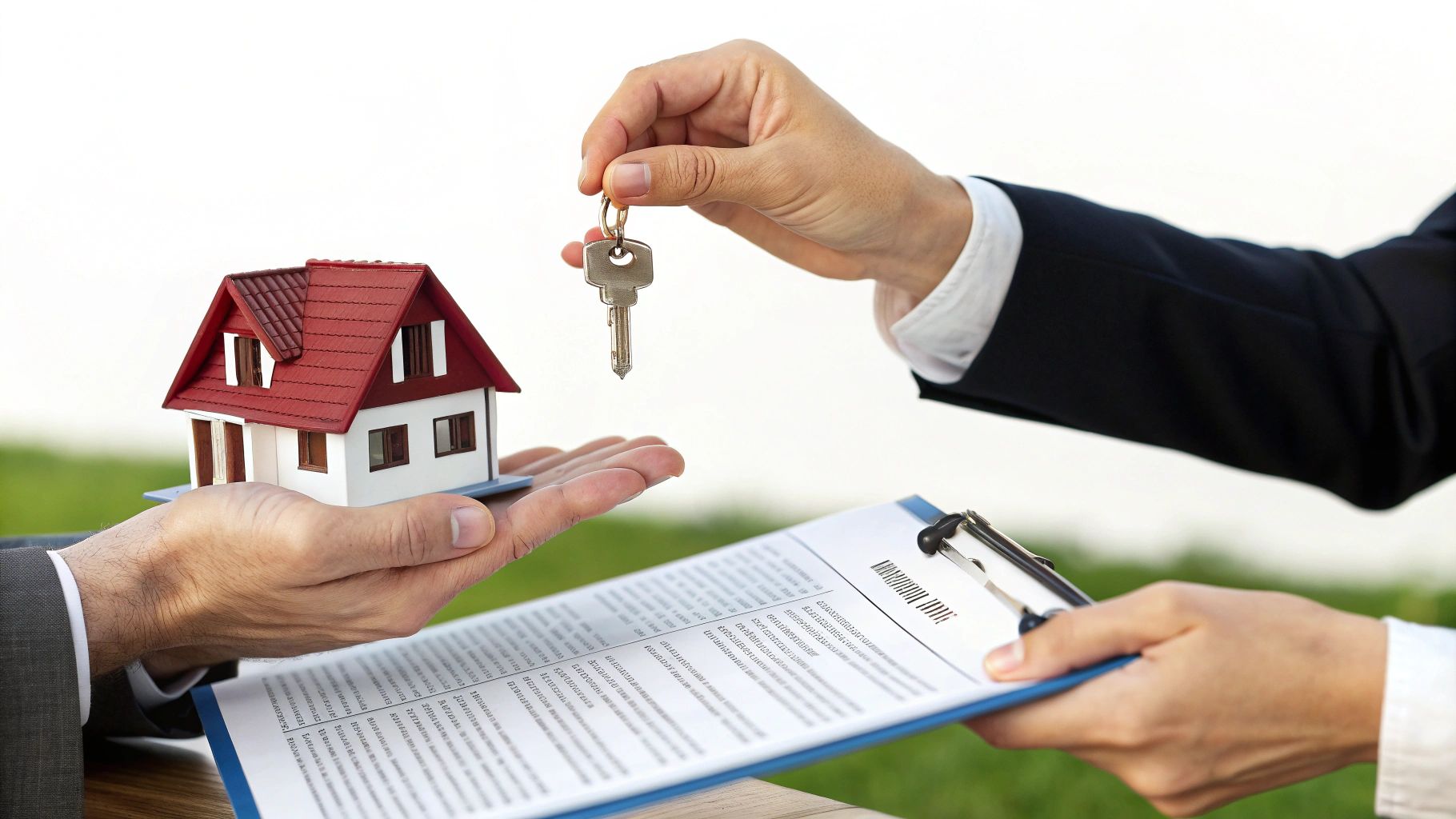 ידיים מחליפות מפתח לבית דגם, לצד מסמכים, מסמלות רכישת נדל"ן והשקעה לטווח ארוך.