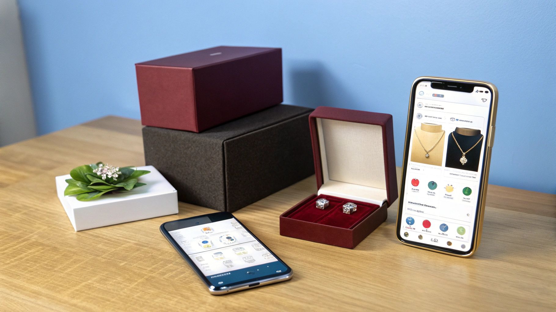 תצוגה של תכשיטים, קופסאות מתנה ושני סמארטפונים המציגים אפליקציות קניות תכשיטים.