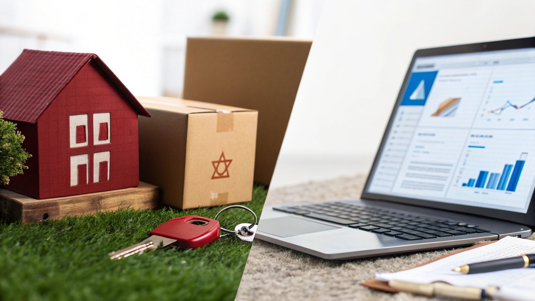 בית מיניאטורי, מפתחות וארגזי מעבר דירה, לצד מחשב נייד המציג גרפים ונתונים פיננסיים.