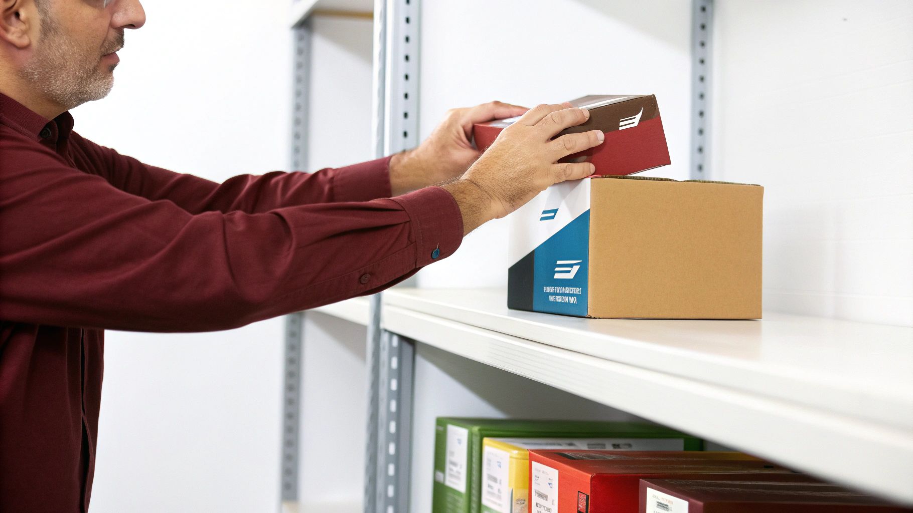 גבר מניח קופסאות קרטון ממותגות על מדף לבן במחסן, מסדר מלאי.