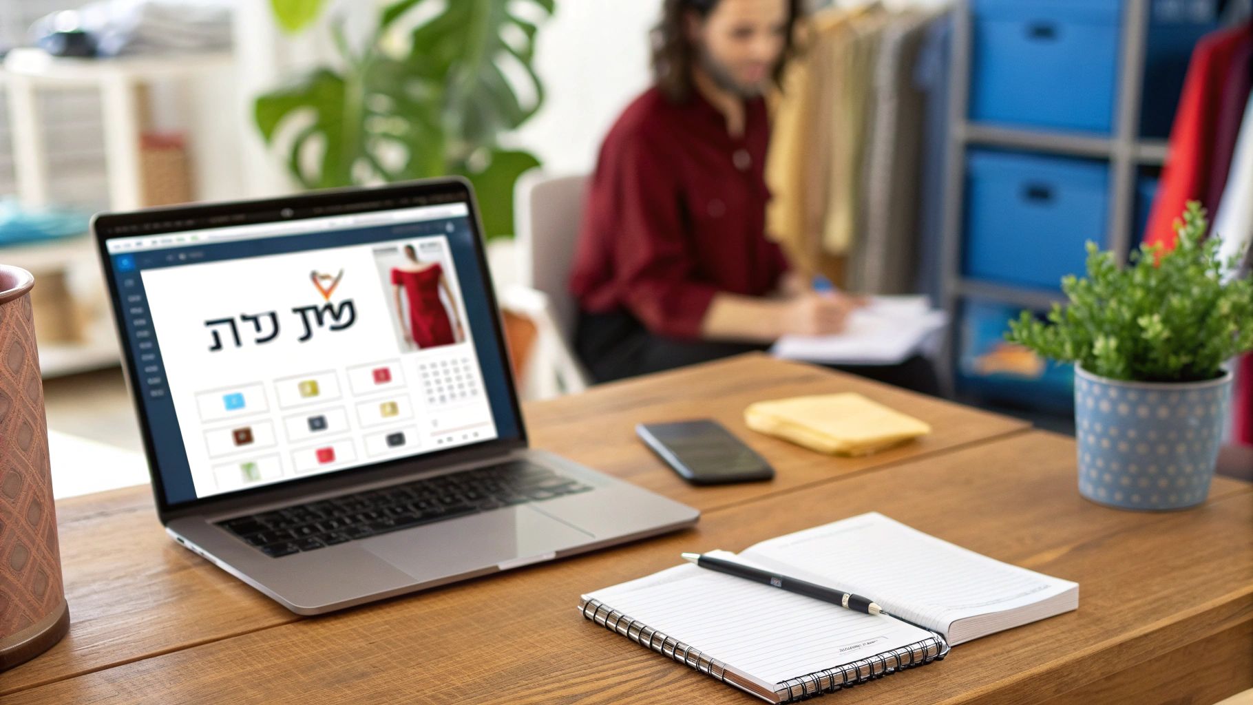מחשב נייד על שולחן עץ מציג אתר אופנה עם שמלה אדומה, פנקס, עט וצמח.
