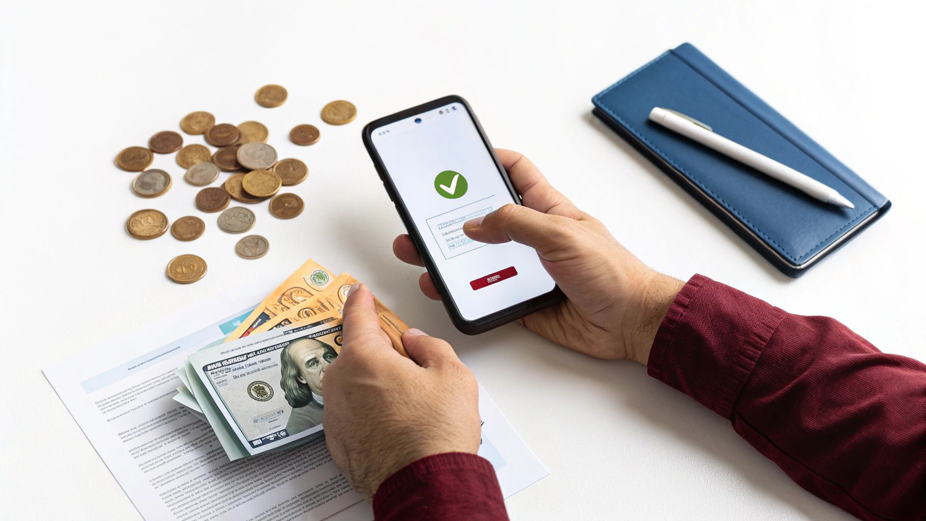 אדם מחזיק שטרות כסף ומשתמש בסמארטפון עם אישור תשלום, על שולחן לבן עם מטבעות ויומן.