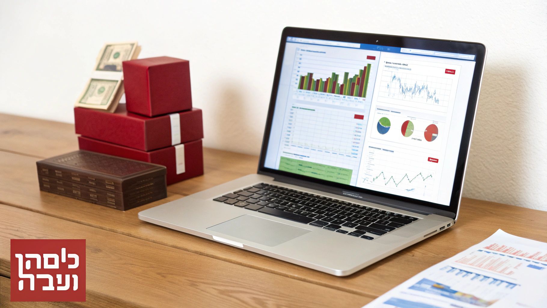 מחשב נייד מציג גרפים פיננסיים, לצדו קופסאות אדומות, כסף ושולחן עץ.