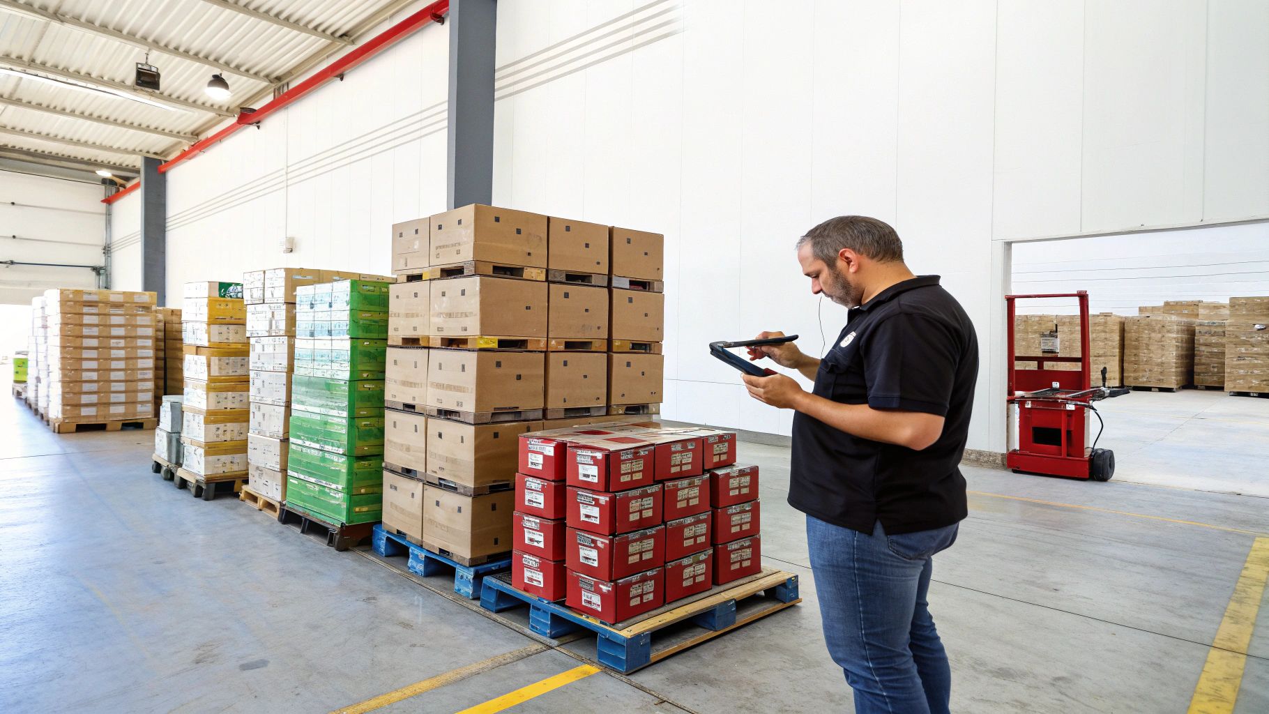 גבר עובד במחסן, סורק קופסאות עם מכשיר אלקטרוני ליד ערימות של מוצרים על משטחים.