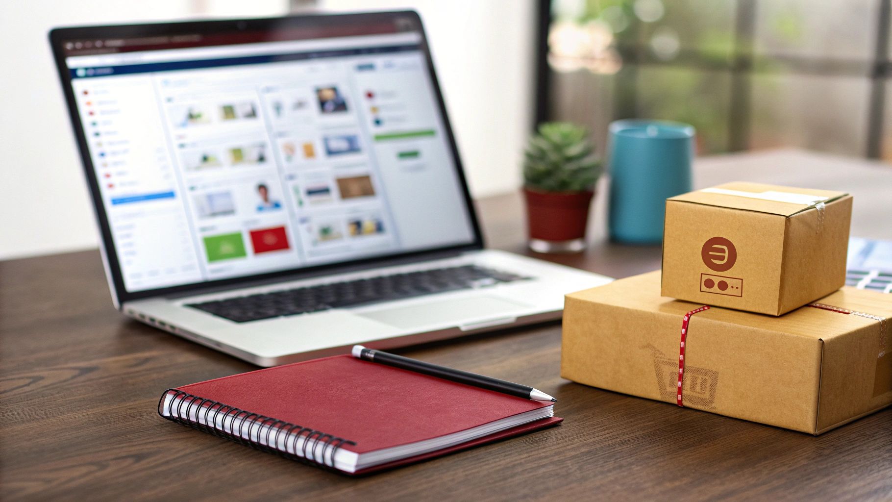 מחשב נייד עם מסך מואר על שולחן עץ, יומן אדום עם עט, ושתי קופסאות קרטון ממותגות, המרמזות על קניות מקוונות או לוגיסטיקה.