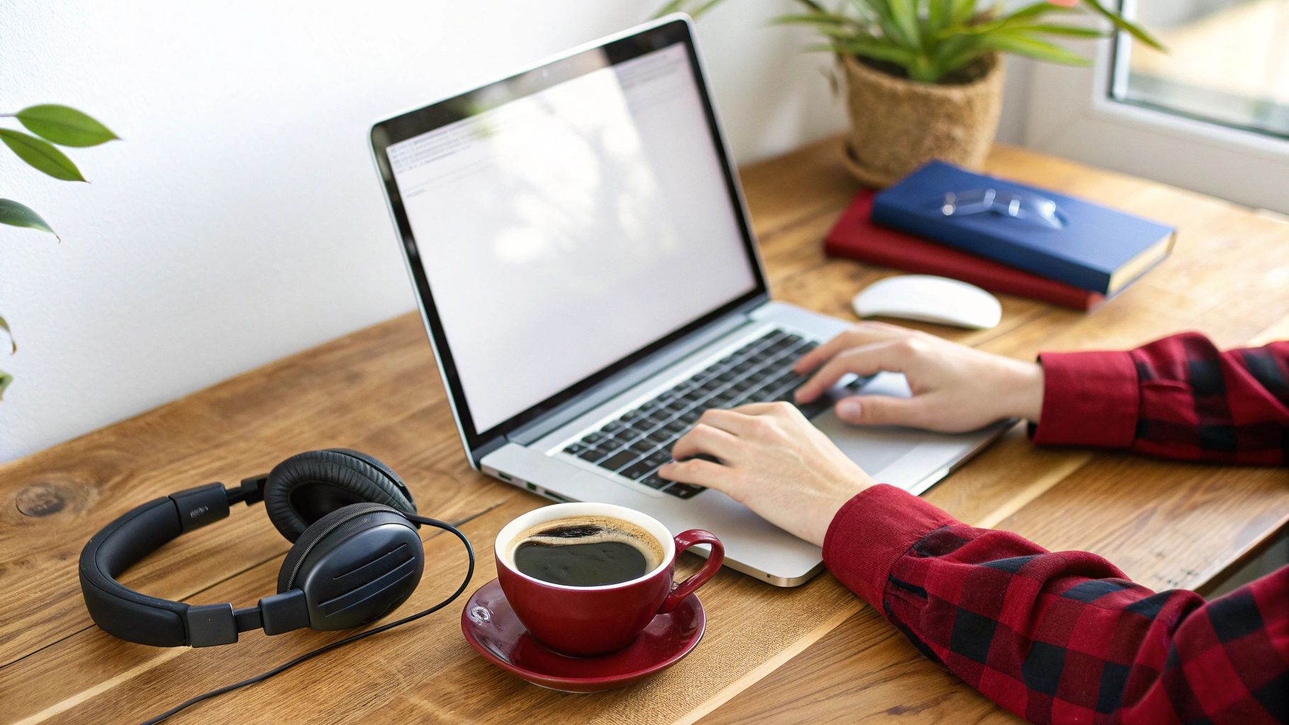 אדם מקליד על מחשב נייד בשולחן עץ עם קפה, אוזניות וספרים, מייצג סביבת עבודה ביתית.